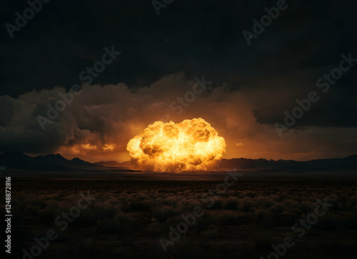 Inferno's embrace, Apocalyptic desert landscape with colossal explosion under starry night, a dramatic portrayal of immense destructive power photo