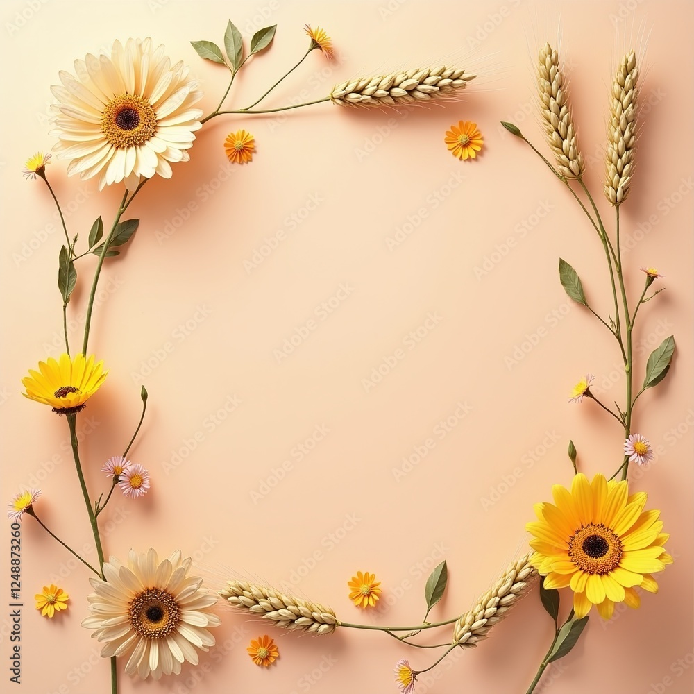 Obraz premium Dried Flower Wheat Flat Lay Peach Background