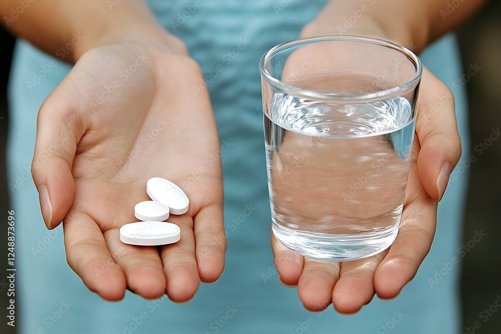 A woman holding a white pill in one hand and a glass of water in the other, symbolizing health, wellness, and self-care. A woman holding a white pill in one hand and a glass of water in the other, symbolizing health, wellness, and self-care.