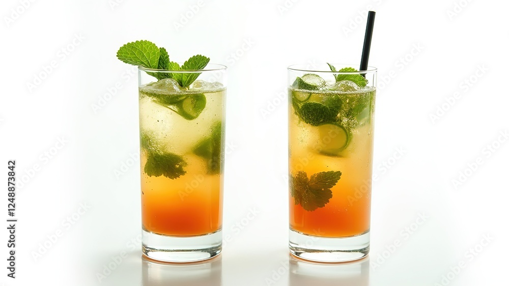 Cuban Mojito Highball Glasses - Top View, Rum Cocktail Cuban Mojito Highball Glasses - Top View, Rum Cocktail