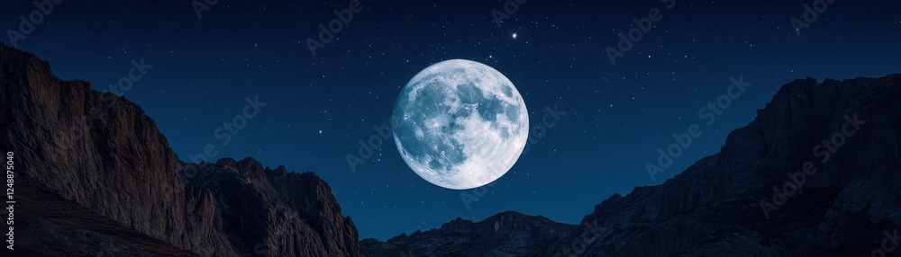 Fototapeta premium A stunning full moon illuminates a serene mountain landscape under a clear night sky, creating a tranquil atmosphere.