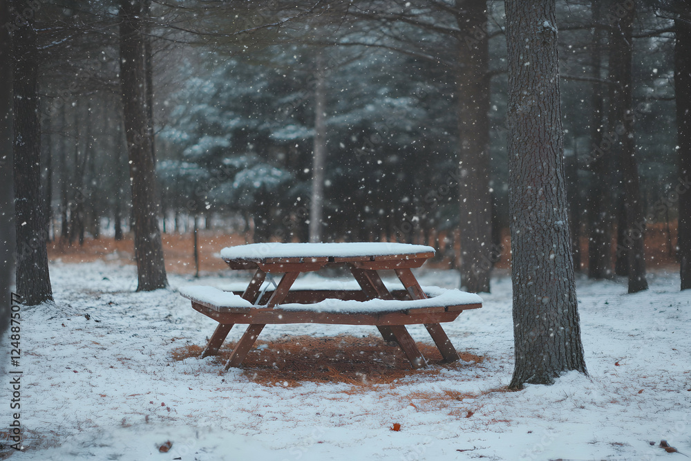 Serene winter scene, A snow-covered picnic table invites contemplation in a quiet, snow-dusted forest landscape during a gentle snowfall Serene winter scene, A snow-covered picnic table invites contemplation in a quiet, snow-dusted forest landscape during a gentle snowfall