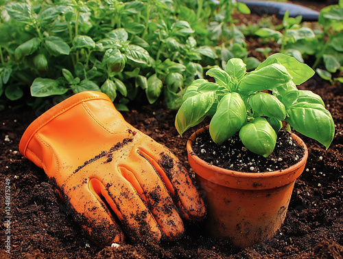 Vibrant basil plant in a terracotta pot nestled in rich soil, alongside a dirtcovered orange gardening glove.  Captures the essence of spring gardening and fresh herbs. photo