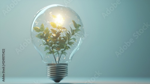 A glowing light bulb with a plant inside stands on a blurred neutral background. photo