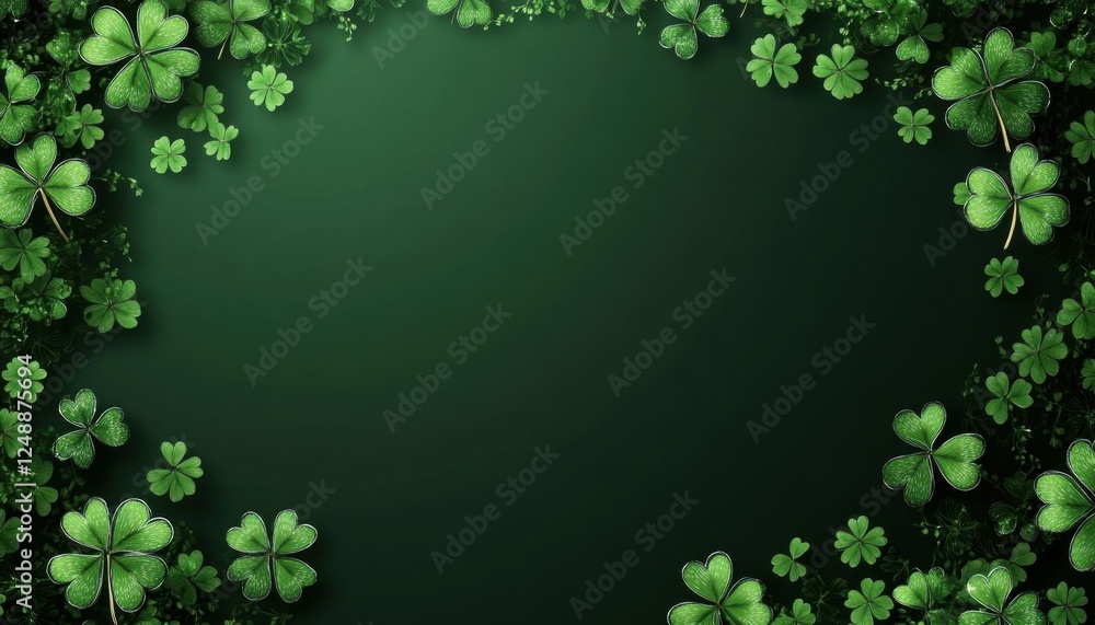 Deep green background with shimmering clover motifs and a clean white outline Deep green background with shimmering clover motifs and a clean white outline