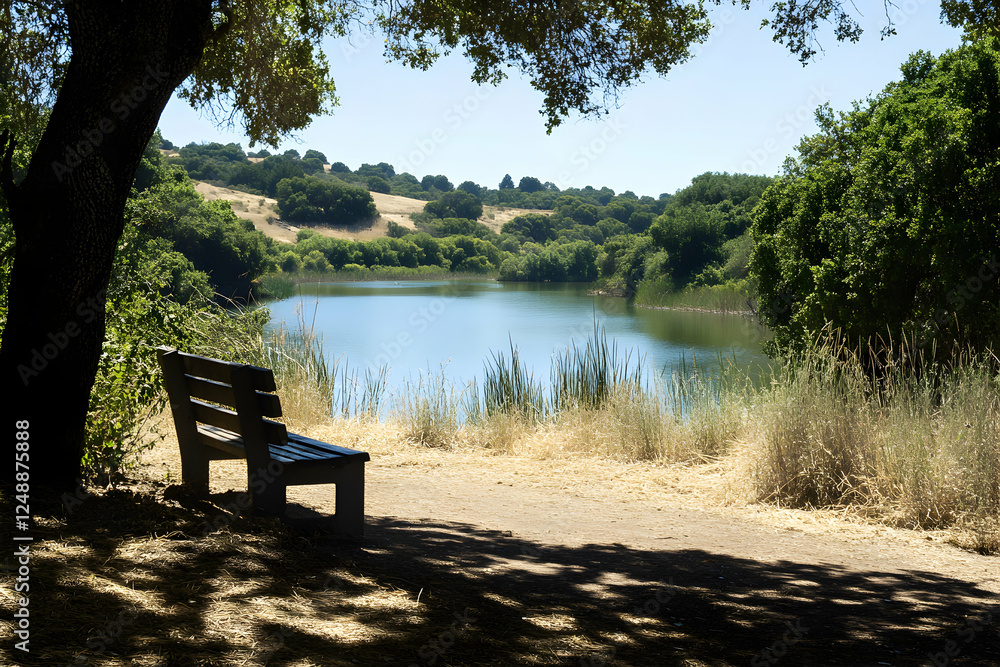 Idyllic lakeside view featuring a rustic bench beneath the shade of a tree, inviting peaceful contemplation and connection with nature Idyllic lakeside view featuring a rustic bench beneath the shade of a tree, inviting peaceful contemplation and connection with nature