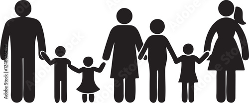 Family with parent in mother, father and childrens silhouette, using flat solid black color design, vector illustration design on a white background.