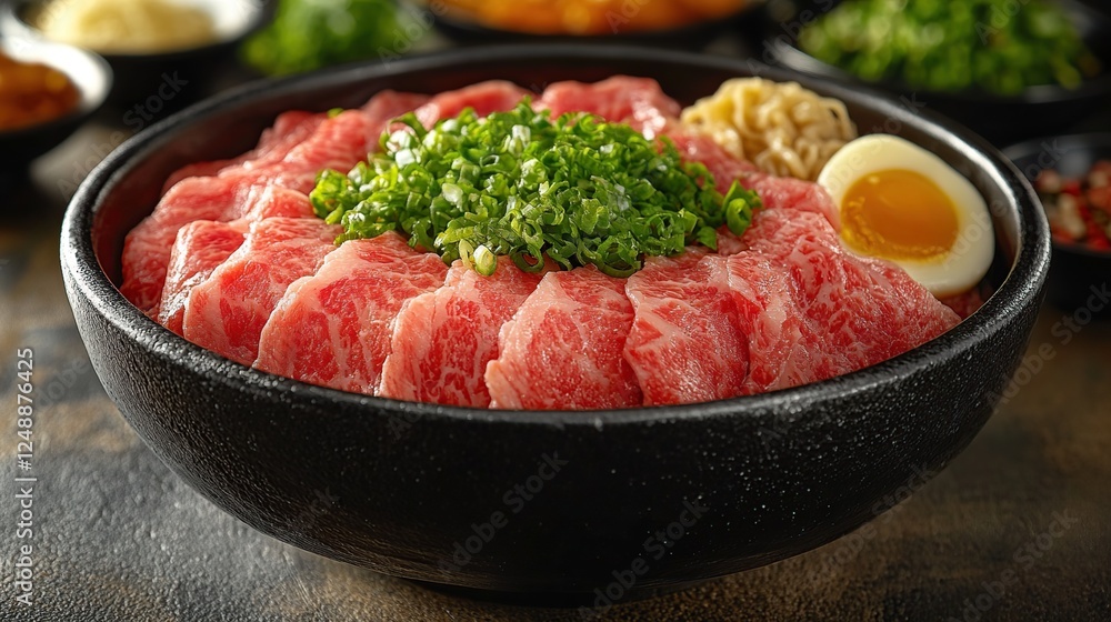 Delicious beef bowl, restaurant setting, garnished, close-up Delicious beef bowl, restaurant setting, garnished, close-up