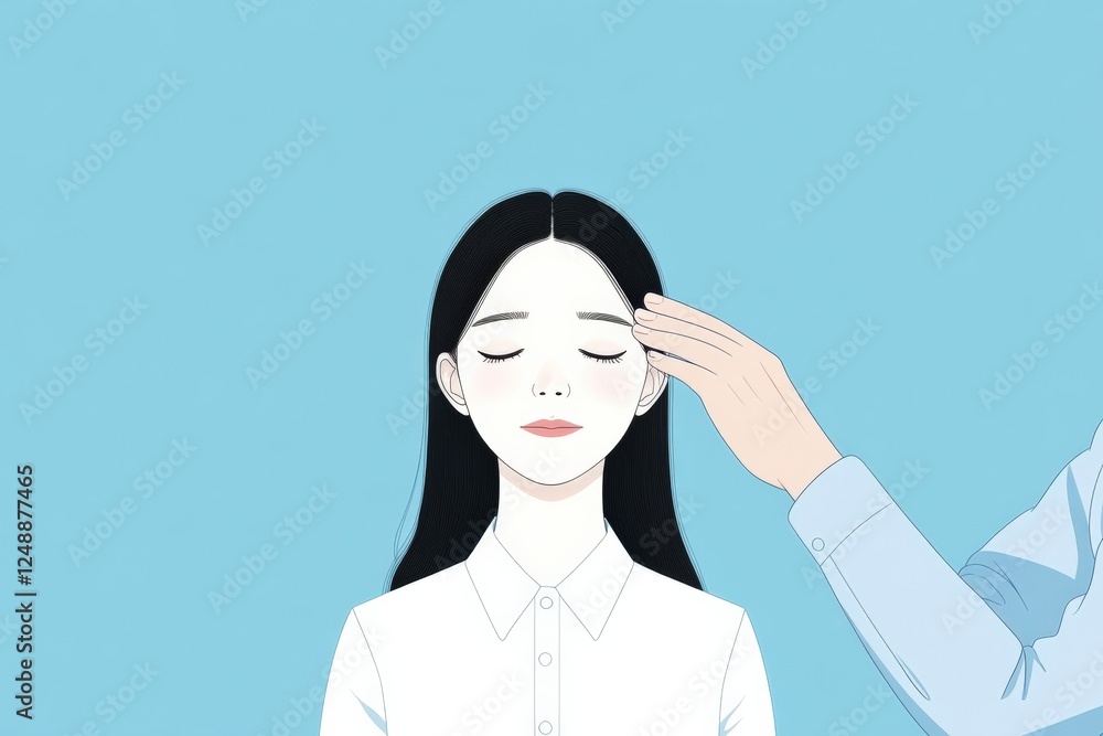 woman getting a forehead touch, with a light blue background woman getting a forehead touch, with a light blue background