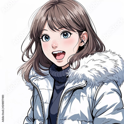 A teenage girl excited with side swept bangs wearing a winter fur trimmed coat in a anime hand drawing flat line design photo