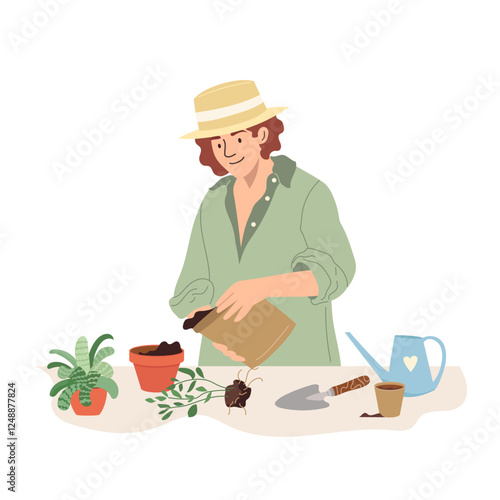 Joyful woman replants for potted plants. Colored concept of home gardening and houseplant care. Flat vector illustration highlights trend of nurturing greenery indoors isolated on white background