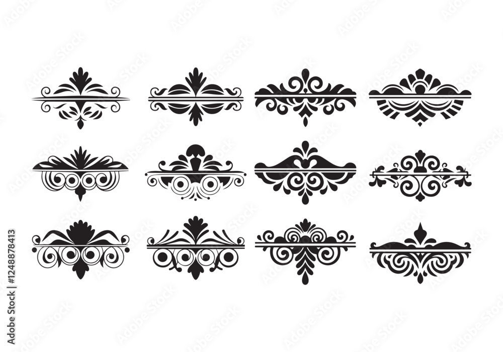 A collection uniquely designed decorative ornament borders in silhouette style. Each border features a centered dividing line for symmetry, with bold and fresh vector detailing. The white background