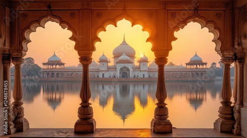 Sunrise over the serene beauty of the Hussainabad Imambara in Lucknow, India. A breathtaking view framed by elegant arches, capturing the tranquil reflection of the architecture in the still waters.