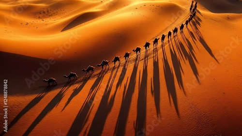 Majestic Camel Caravan Across the Sahara Desert at Sunset