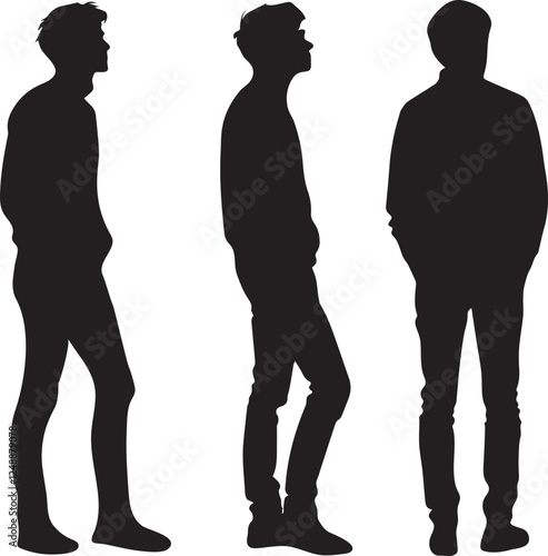 Peoples wearing jeans and pants in standing and hands into the pockets, front and side view, using flat solid black color design, vector illustration design on a white background.