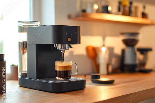 A modern coffee machine in the kitchen. Freshly brewed espresso pours from a professional coffee machine into a glass cup