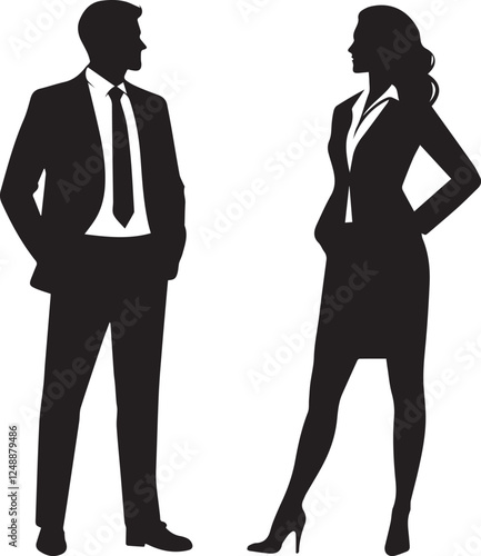 Two business man and woman silhouette, using flat solid black color design, vector illustration design on a white background.