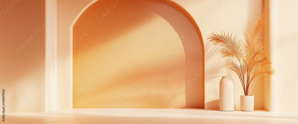 Warm Minimal Interior With Arch And Potted Plant Warm Minimal Interior With Arch And Potted Plant