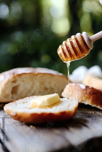 Freshly baked bread topped with butter and honey in a natural setting during golden hour