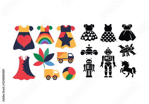 A modern vector illustration of uniquely designed kids' dresses and toys silhouettes. There's a dress with a flower pattern, a dress with a stripe pattern, a dress with a polka dot pattern, a doll,