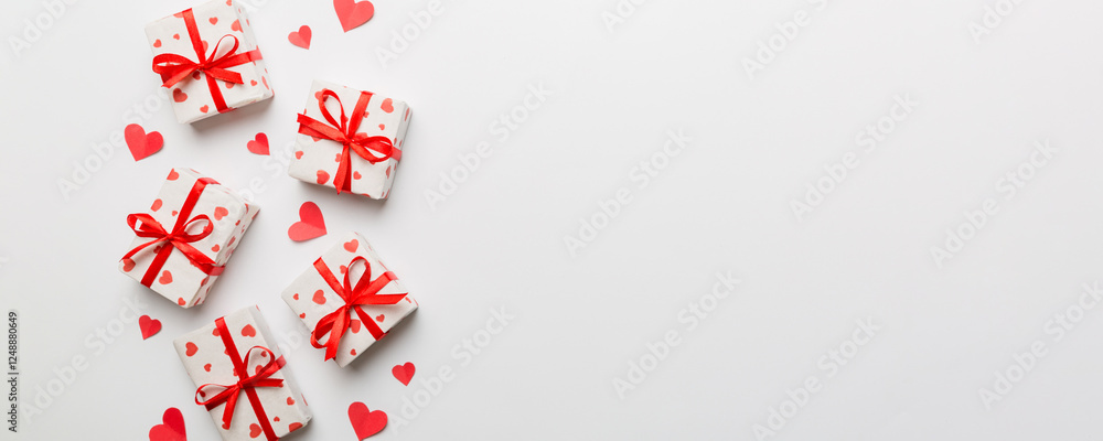 Valentine day composition: red gift box with bow and heart. Christmas present. View from above. Space for text. Holday greeting card Valentine day composition: red gift box with bow and heart. Christmas present. View from above. Space for text. Holday greeting card