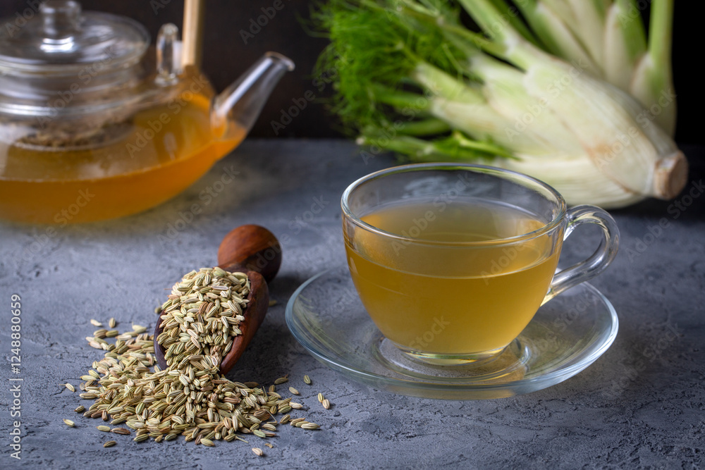 Aromatic fennel tea in cup and seeds