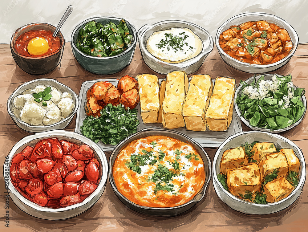Cartoon food image: hand-drawn kitchen setup with plates of food and fresh ingredients. Cartoon food image: hand-drawn kitchen setup with plates of food and fresh ingredients.