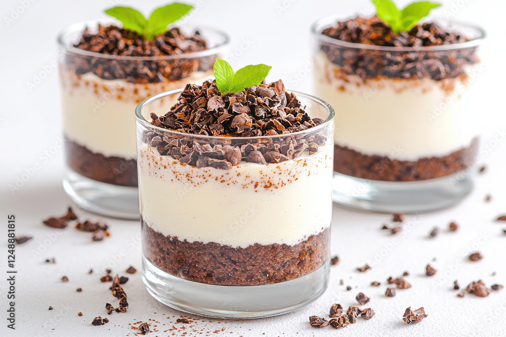 Creamy desserts with cacao nibs and mint garnish in glass cups Creamy desserts with cacao nibs and mint garnish in glass cups