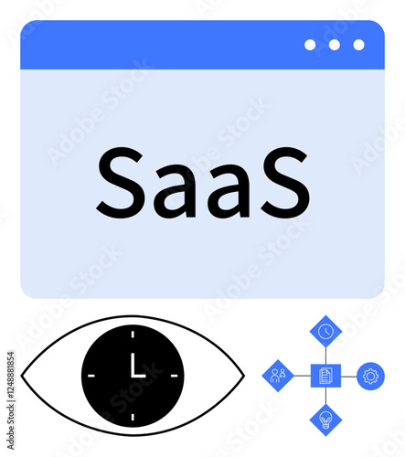 SaaS text in a browser, clock inside eye for time focus, workflow icons for task management. Ideal for tech innovation, time management, productivity, software, analytics, digital tools abstract