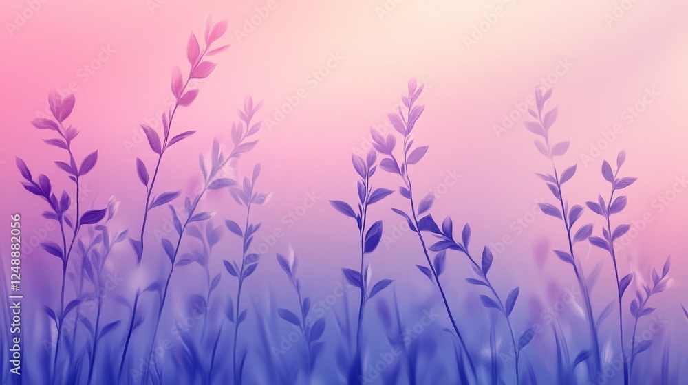 Painted plants stand against a pastel pink and purple sky Painted plants stand against a pastel pink and purple sky