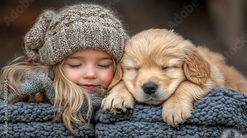 Adorable girl and Golden Retriever puppy snuggle together, eyes closed, wrapped in cozy knit blankets.  Perfect for themes of friendship, childhood, pets, winter, and heartwarming moments.
