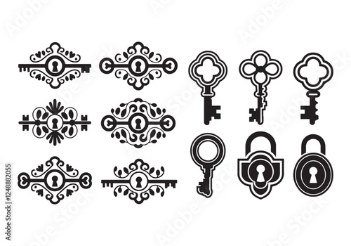 A collection key and lock borders, featuring symmetrical designs with a central line. Each silhouette is crafted in a bold and modern vector , replacing floral elements