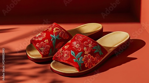 Elegant red slippers with floral embroidery in a cozy studio setting photo