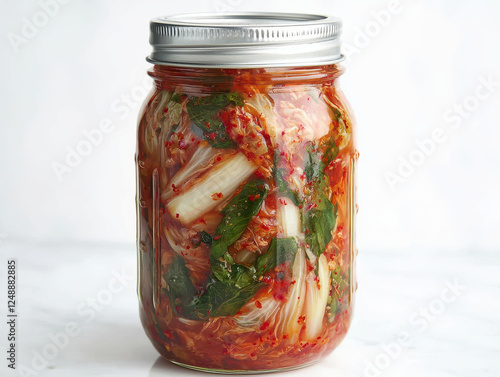 Fermented kimchi in glass jar with vibrant colors