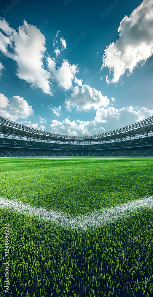 Fototapeta premium Verdant stadium under a bright sky evokes the anticipation of athletic events and community gathering, a fresh field with a promise of great games