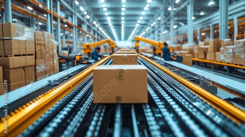 Automated factory conveyor belt, boxes moving efficiently, modern warehouse. Industrial automation logistics shipping distribution manufacturing technology robotic arm packaging production line