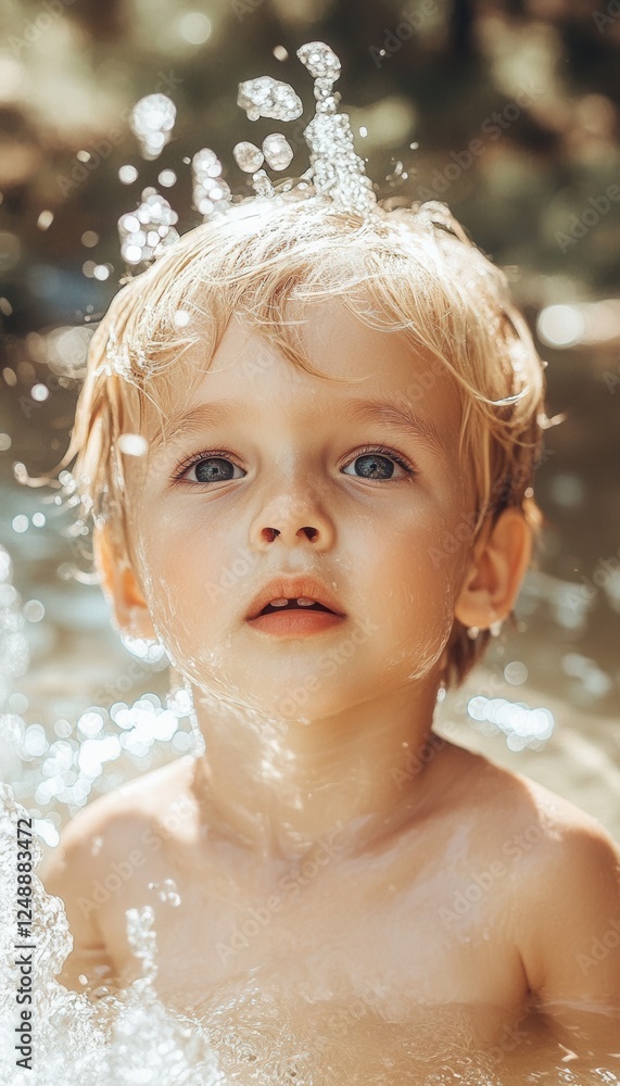 A toddler enjoys a refreshing splash of water, sunlight illuminating their joyful expression. A toddler enjoys a refreshing splash of water, sunlight illuminating their joyful expression.