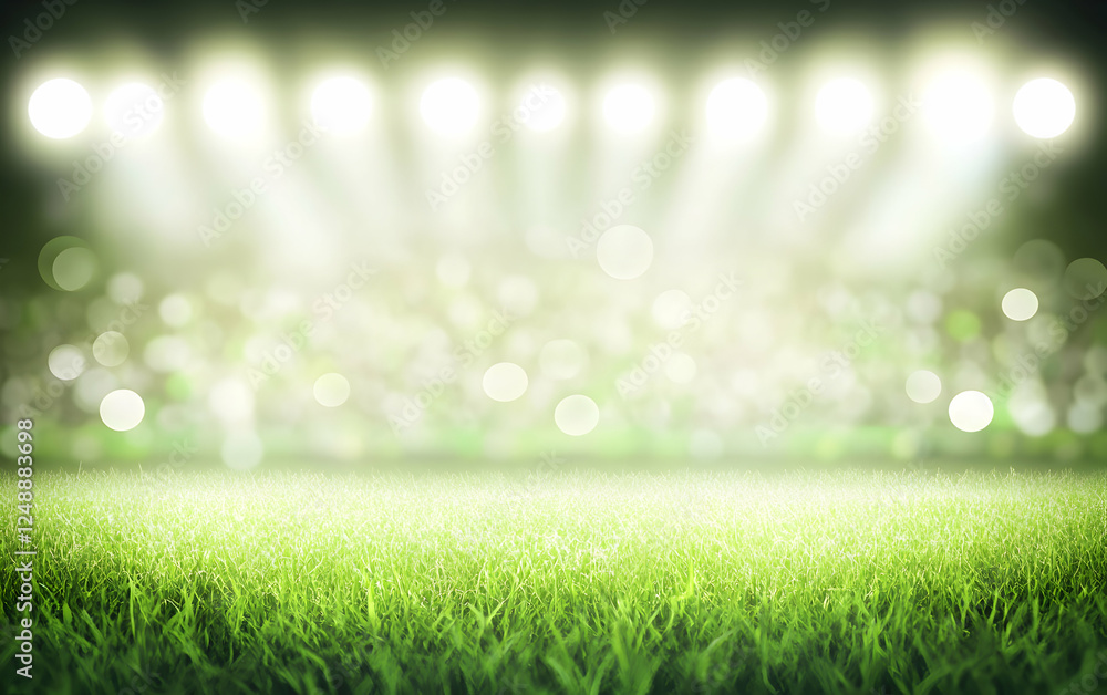 Obraz premium Lush green field bathed in the radiant glow of stadium lights, creating an atmosphere of excitement, anticipation and the thrill of victory.