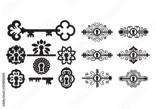 A sleek silhouette style illustration of six different decorative key and lock designs. Each key and lock pair is centered on a line, creating a structured composition. The vector enhances