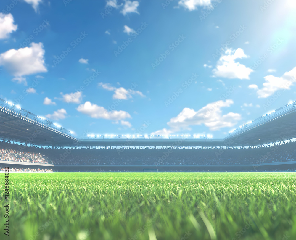 Fototapeta premium Vibrant Soccer Arena, Energetic Crowd and Lush Green Field Under a Bright Blue Sky, Evoking the Thrill of a Competitive Match