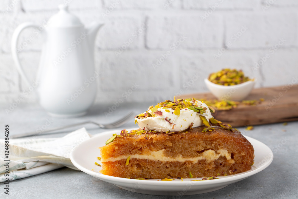 Turkish Traditional Dessert Ekmek Kadayif - Bread Pudding. Ramadan Dessert with cream