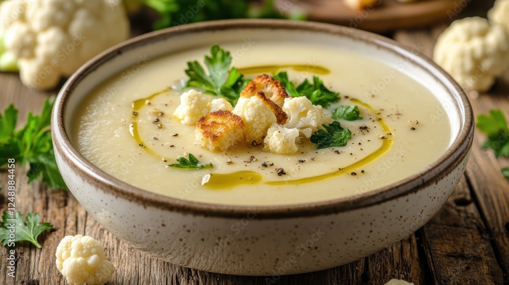 Cauliflower soup with parsley in the big bowl Cauliflower soup with parsley in the big bowl