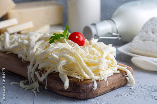 Obraz na płótnie String cheese or Cecil cheese on a wood serving board. w salonie