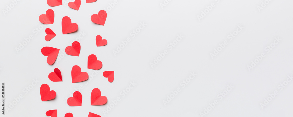 Valentine day background with red hearts, top view with copy space