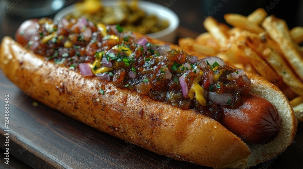 Delicious gourmet hot dog topped with onions and mustard, served with crispy fries on a wooden table Delicious gourmet hot dog topped with onions and mustard, served with crispy fries on a wooden table