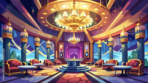 dramatic wide-angle shot of luxurious casino lounge with chandeliers sparkling overhead and marble floors reflecting
