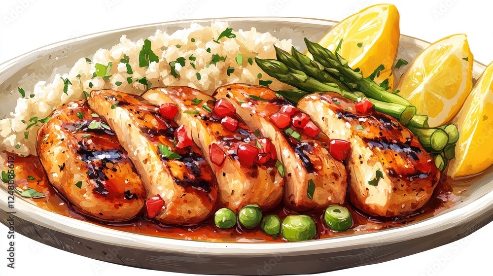 Grilled chicken fillets served with lemon slices, asparagus, and rice on a white plate