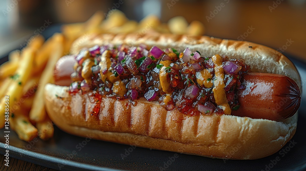Gourmet hot dog topped with sweet relish and onions, served with crispy fries on a wooden table Gourmet hot dog topped with sweet relish and onions, served with crispy fries on a wooden table