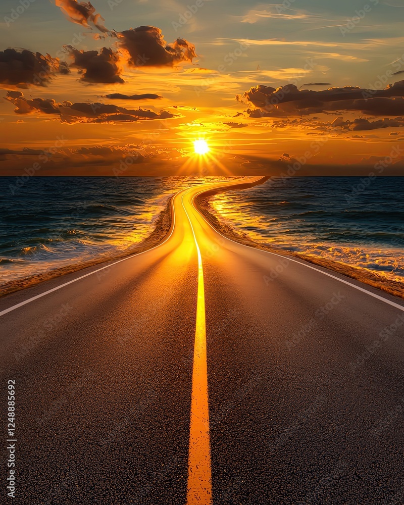 Fototapeta premium Road Achievement Radiance by Sunlit Open Roads Symbolizing Success and Personal Growth of Winding road by the ocean at sunset