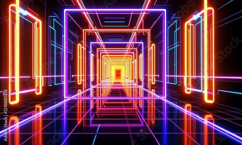 Neon Tunnel Infinity, Abstract Corridor with Glowing Lines Motion